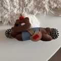 Detailed view of the brown corduroy bear hair claw clip with its blue vest and red bow - Funny Coffee Puppy - Hair Bun Duckbill Clip