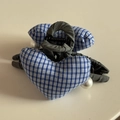Detail of blue gingham fabric hearts with pearl beads on a grey cloth wrapped hair claw clip - Gray Plaid Heart Hair Claw