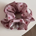 Detail of pink rose floral hair scrunchie with elegant white lace trim and ruffled fabric - Pink Rose With Lace