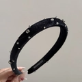 Close-up of black velvet headband with silver rivets and shiny rhinestones detail - Velvet Starry Sky-Narrow Version