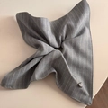 Detail view of grey striped fabric hair scrunchie with a silver heart-shaped metal ornament - Light Gray Heart Stripe Square Scarf
