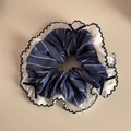 Detail of blue plaid scrunchie with white chiffon ruffles and small satin bows - Striped Petal Style (FQ881417)