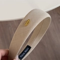 Elegant khaki fabric wide headband with gold oval metal plaque and handmade label - 4cm / Apricot Beige