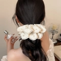 Elegant beige lace scrunchie with white pearl beads for a French chic hairstyle - Beige