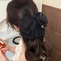 Elegante fermaglio per capelli con grande fiocco nero in chiffon e dettaglio dorato - Stile in Rete / Fermaglio Coda di Cavallo in Garza Nera