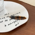 Détail de barrette en acétate écaille de tortue avec lettrage doré sur assiette blanche - Pince À Bec De Canard Ovale / Multicolore Sombre