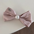 Pink satin bow hair tie with white faux pearl and silver handmade logo tag - Dreamy Pink - Pearl Bow Clip