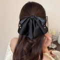 Elegant large black satin bow hair claw clip with rhinestones and crystal pendants for women - Black Ponytail Clip