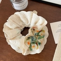 Detail of French oil painting style scrunchie with floral fabric and cream lace trim - Yellow Floral