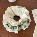 Detail of French oil painting scrunchie with lace trim and green floral pattern - Green Floral