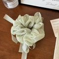 Detail of light green organza scrunchie with long ribbon on a vintage wooden surface - Green