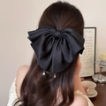 French style oversized black satin bow hair clip with rhinestones for elegant ponytail - Oversized / Black