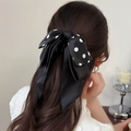 Elegante pinza para el cabello de seda negra con lunares blancos para mujer - Estilo de Lunares Negros