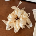 Close-up of lightweight champagne organza scrunchie with elegant long flowing ribbons - Yellow