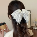 Eleganter weißer Spitzen- und schwarzer Schleifen-Haarclip mit Kristallanhängern - Schwarzer Pferdeschwanz-Clip