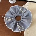 Detail of blue and white checkered oversized scrunchie with delicate white ribbon bows - Double Layer Oversized Ruffle Houndstooth Style (FQ-0400-2)