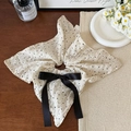 Polka dot oversized scrunchie in beige chiffon with a black silk ribbon bow accessory - Square Scarf Scrunchie
