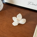 Détail d'une pince à cheveux fleur en acétate blanc avec cristal sur fond en bois - 6cm / Blanc Cassé Irisé