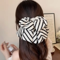 French retro style black and white zebra striped bow hair claw with pearl details - Cream White Striped