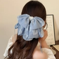 Barrette à cheveux élégante avec nœud brodé bleu clair et perles blanches pour femmes - Maille Bleue