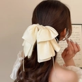 Elegante fermaglio per capelli a fiocco in raso crema con perle e nastri lunghi - Bianco Sporco