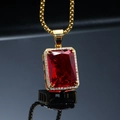 Hip Hop Edelstahl Halskette mit großem rotem quadratischem Edelstein und Zirkonia - Nur Anhänger (Ohne Kette) / Gold Roter Stein