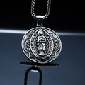 Detailed macro of vintage religious Virgin Mary pendant with intricate embossed text - Steel Style / Steel Color Pendant (Without Chain)