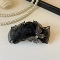 Elegante pinza per capelli con fiocco in rete nera e decorazione a farfalla in strass argento - 13cm