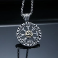 Macro shot of Viking Valknut pendant with golden runes on a polished steel disc - Silver and Gold Tone Pendant Only (Without Chain)