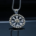 Macro view of Viking Vegvisir compass pendant with gold Valknut and runes detail - Silver Tone with Gold Accent Pendant Only (Without Chain)