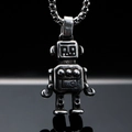 Colgante de robot en acero inoxidable con cadena de caja sobre fondo negro reflectante - Colgante Solo Color Acero (Sin Cadena)