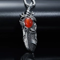 Collana piuma vintage in acciaio con gemma arancione su una catena a scatola - Ciondolo Color Acciaio (Senza Catena)