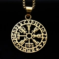 Collana con ciondolo bussola vichinga Vegvisir dorata con rune e catena a maglia quadra - Pendente Oro (Pendant Only (Without Chain))