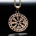 Macro detail of golden Viking Vegvisir compass pendant with Runes and sturdy box chain - Rose Gold Pendant Only (Without Chain)