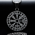 Macro shot of silver vintage Viking compass pendant with Rune circle on black reflection - Antique Color Pendant Only (Without Chain)