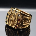 Gold-plated religious ring with Virgin Mary carving and multicolored crystals on horseshoe - US 7 / Gold