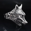 Gothic punk viking wolf head ring made of silver stainless steel on black background - US 7 / Steel