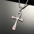 Macro shot of silver Ankh cross pendant with pink rhinestones on a black surface - Steel Color Pink Rhinestone Pendant Only (Without Chain)