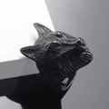 Gothic punk wolf head ring in matte black stainless steel, detailed 3D carving view - US 7 / Black