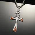 Detail of silver Ankh cross pendant with orange rhinestones and box chain necklace - Steel Color Orange Rhinestone Pendant Only (Without Chain)