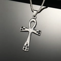Detailed close-up of silver Ankh cross pendant with black crystals and box chain link - Steel Color Black Rhinestone Pendant Only (Without Chain)