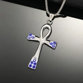 Detailed macro view of silver Ankh cross pendant with blue rhinestones on box chain - Steel Color Blue Rhinestone Pendant Only (Without Chain)