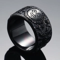 Retro punk style titanium steel ring with sun and moon relief engraving in dark grey finish - US 6 / Black