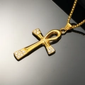 Detailed close-up of golden Ankh cross pendant with sparkling diamond accents on box chain - Gold Color White Rhinestone Pendant Only (Without Chain)