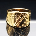 Punk style golden stainless steel ring featuring detailed royal flush poker card design - US 7 / Gold