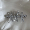 Détail macro d'une barrette noeud argentée avec strass brillants sur une assiette - Argenté