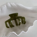 Detailed macro view of olive green acetate hair claw with France Handmade gold engraving - Green