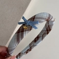 Close-up of blue British plaid headband fabric and golden love metal plate detail - Blue Plaid Light Blue Headband
