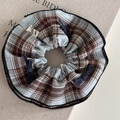 Detail of blue plaid scrunchie with denim bows and stitched edge on linen background - Blue Plaid Dark Blue Scrunchie
