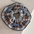 Detail of blue plaid hair scrunchie with light blue bows and vintage Hello woven label - Blue Plaid Light Blue Scrunchie